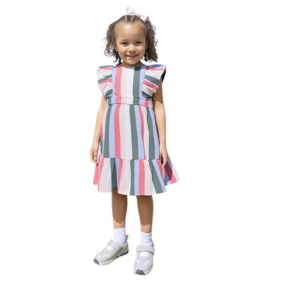 Janie & Jack Striped Ruffle Pink Blue Green Dress Size 3T - Picture 1 of 8
